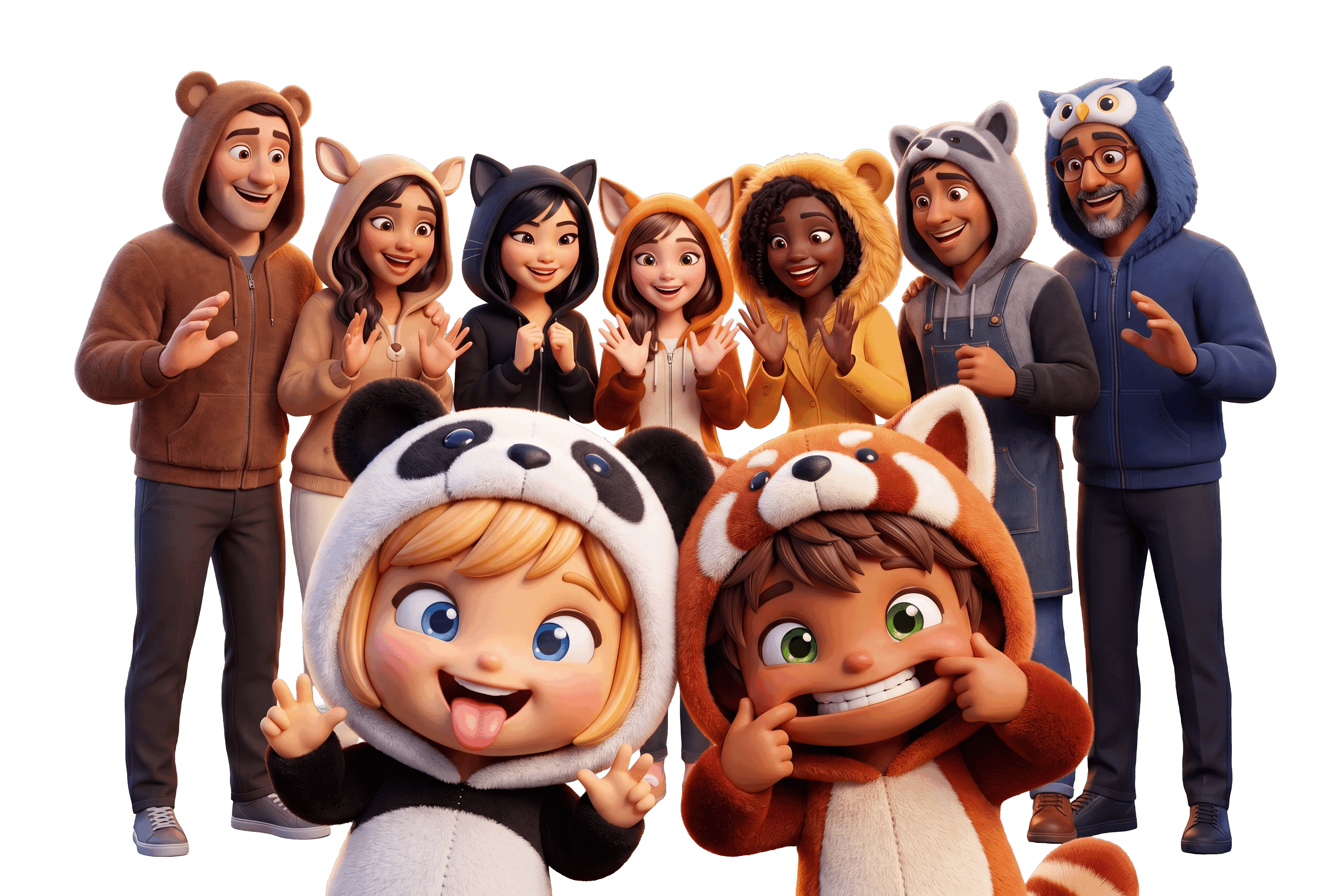 The Helm family: Pip and Rio with the full cast of mascots