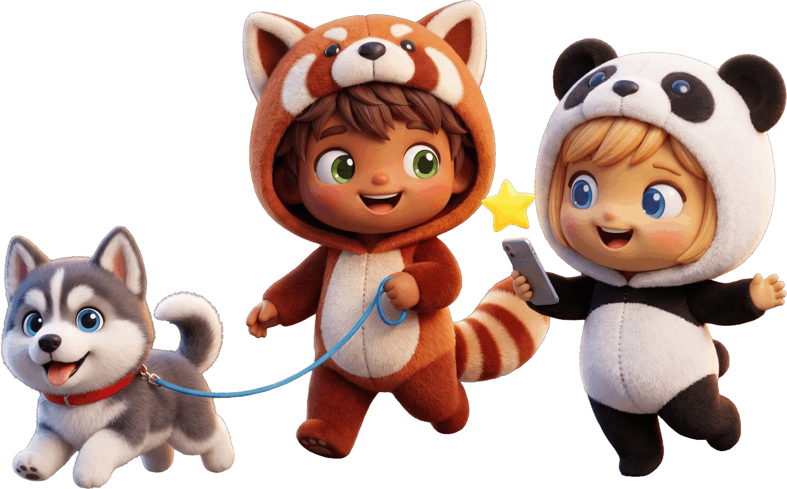 Pip and Rio walking the dog to check off a chore in the Helm family dashboard